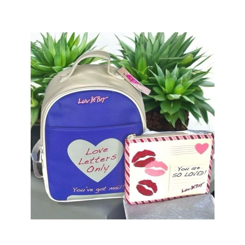 NWT Betsey Johnson Purple Cream Backpack Only Love Letters W/ zip pouch LBCHARLI